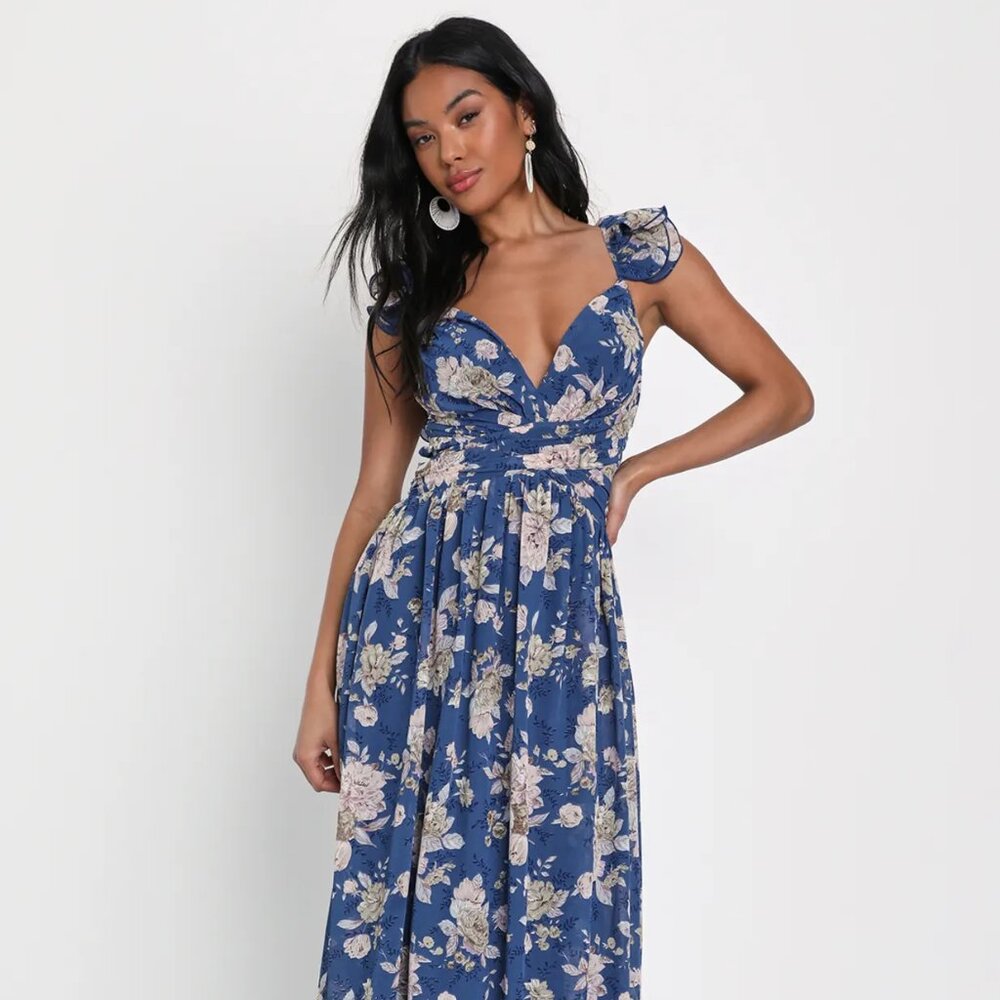 Lulus Soiree Celebration Blue Floral Ruffled Lace-Up Maxi Dress